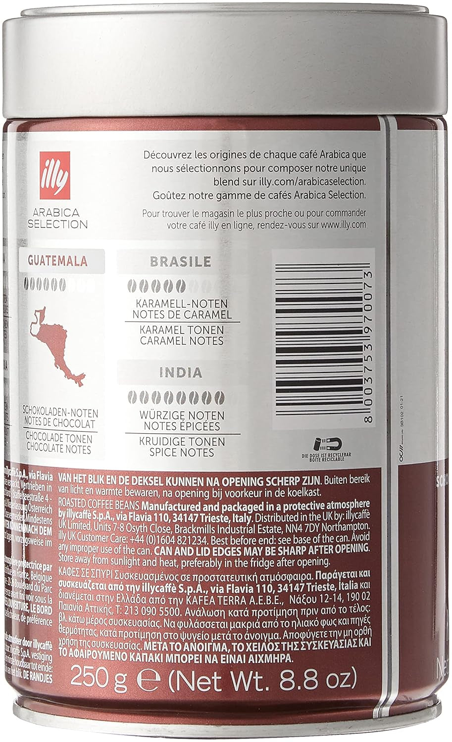 grains de café illy, sélection de grains de café Arabica, Guatemala, paquet de 6 (6 x 250g)