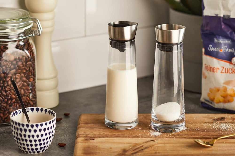 blomus -MACCHIATO- Service à sucre et crème en verre, capacité 180 ml, couvercle en acier inoxydable, pour thé et café, finition de haute qualité, aspect exclusif (H/L/P : 17 x 5,4 x 5,4 cm, Transparent, 63510)