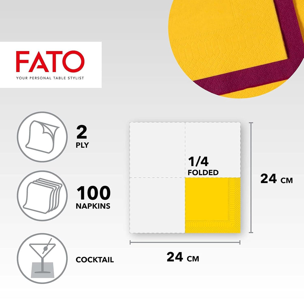 , Serviettes en papier jetables, idéales pour les apéritifs et les cocktails, paquet de 100 serviettes, taille 24 x 24, 4 épaisseurs, 2 épaisseurs, jaune, papier 100 % pure cellulose, certifié FSC (lot de 3)