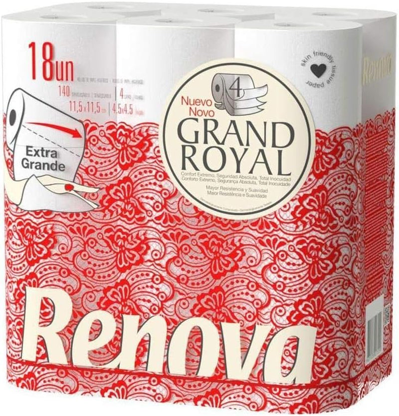 Papier toilette Renova Grand Royal, 18 rouleaux Premium XXL, 4 couches, doux et résistant