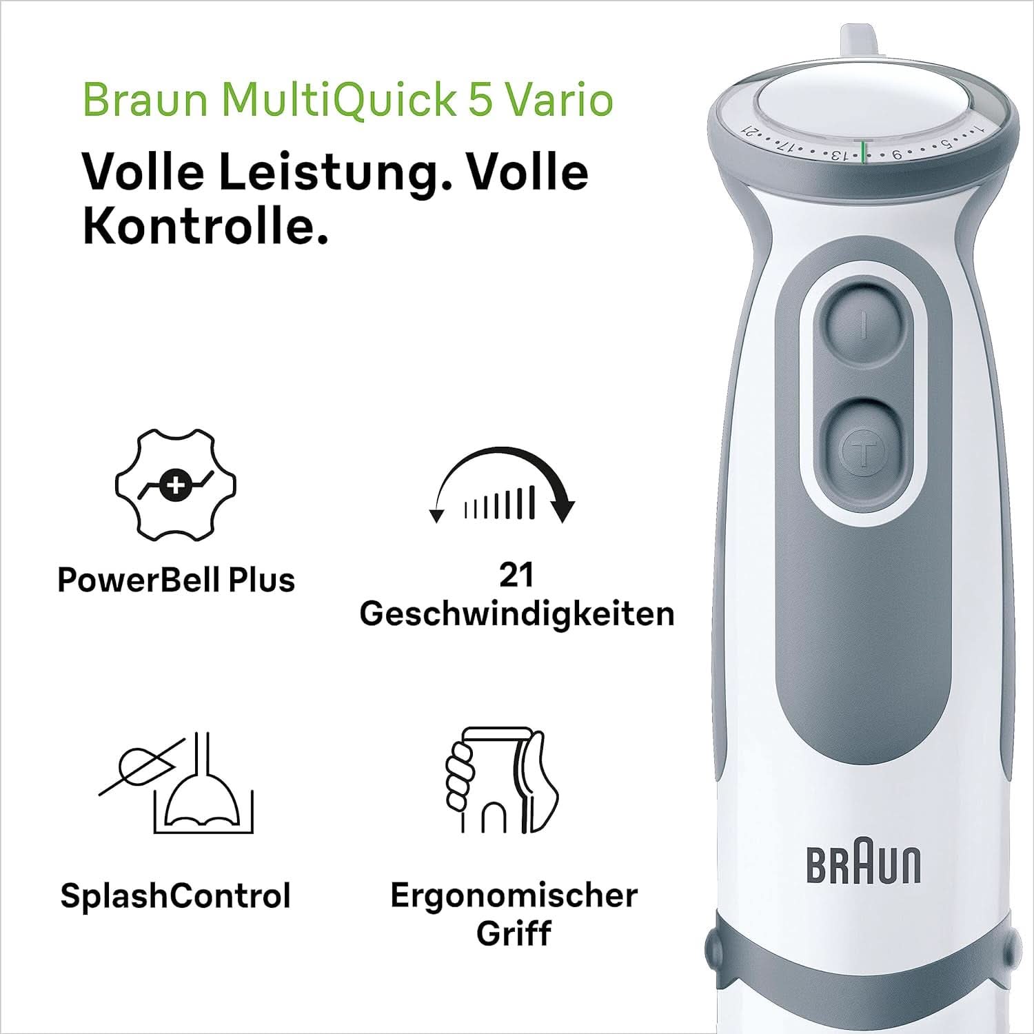 Braun Stabmixer MQ 5200WH - Multiquick 5 Vario Pürierstab Mit Edelstahl Mixfuß, 1000 Watt, Inkl. 600 Ml Mix- & Messbecher, Weiß/Grau Cuisine Naty Shop