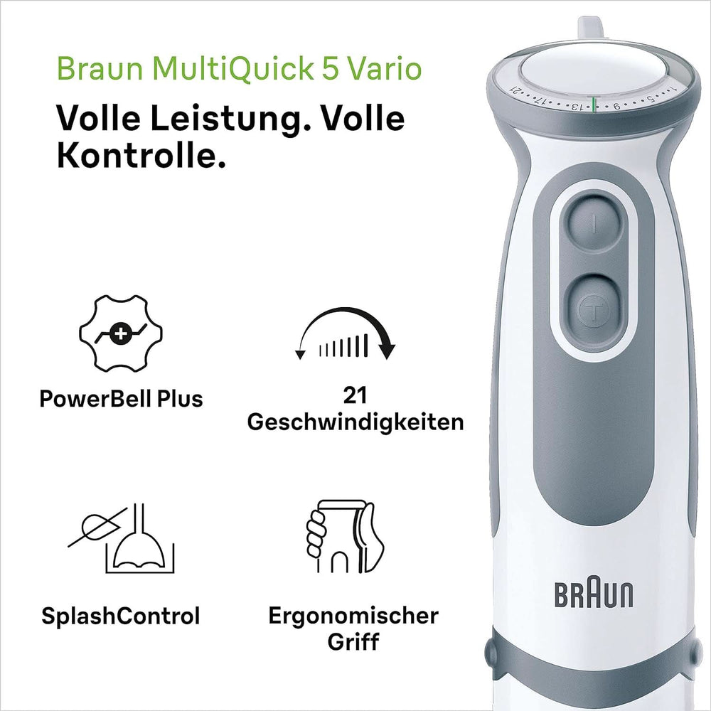 Braun Stabmixer MQ 5200WH - Multiquick 5 Vario Pürierstab Mit Edelstahl Mixfuß, 1000 Watt, Inkl. 600 Ml Mix- & Messbecher, Weiß/Grau Cuisine Naty Shop