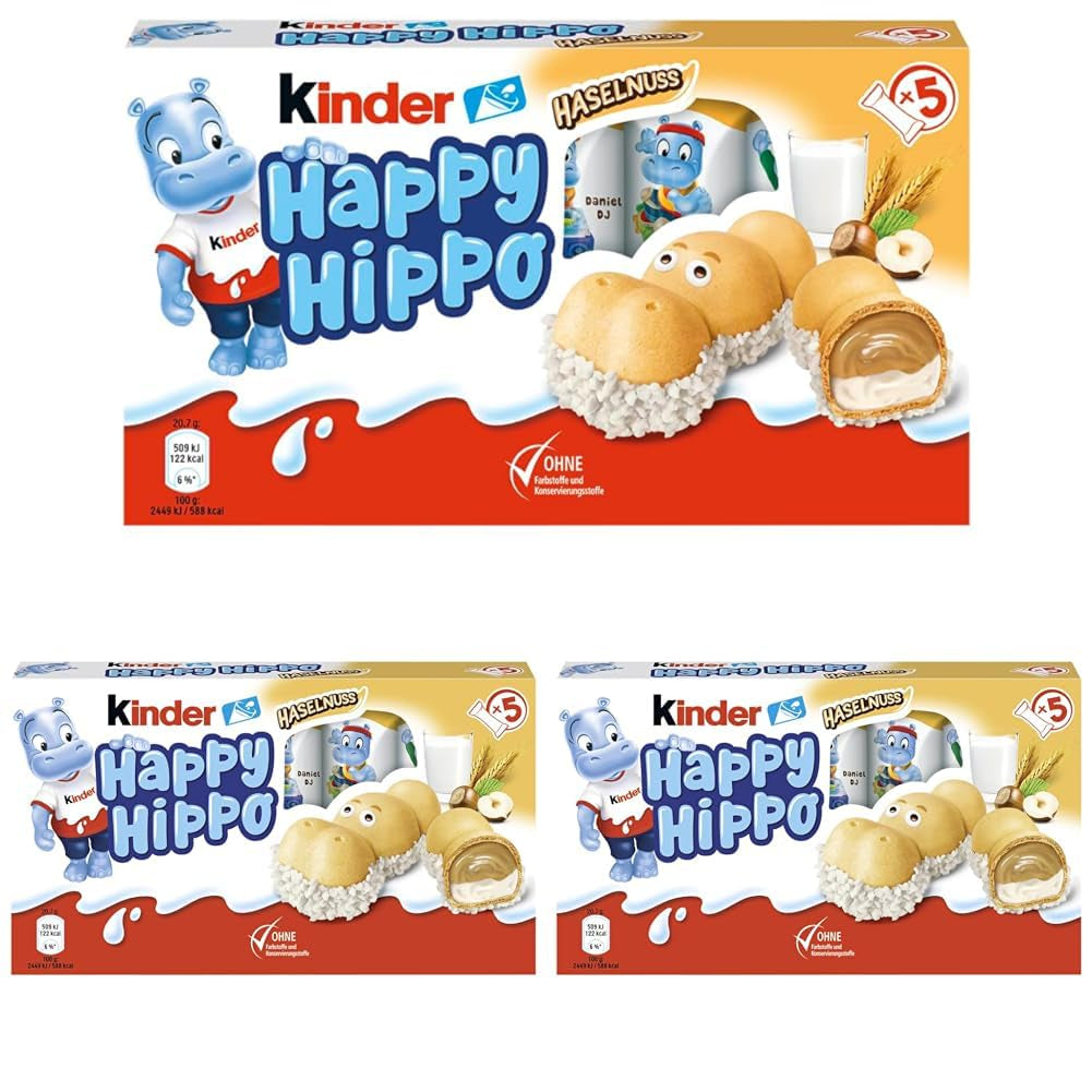 Kinder Happy Hippo Noisette - Spécialité Gaufrettes Croquantes au Lait et Crème de Noisettes - Bonbons Carnaval et Mardi Gras - 1 paquet contenant 5 barres individuelles de 20,7 g chacune