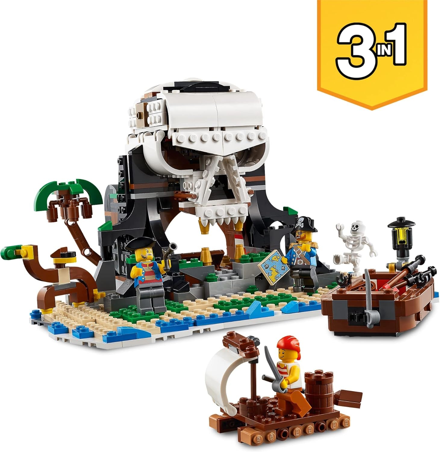 LEGO Creator Ensemble bateau pirate 3 en 1, jouet avec 3 options de construction, construisez une taverne de pirates ou une île de pirates en forme de crâne, comprend 3 figurines d'aventure de jeu de rôle 31109 Ensembles de construction Besuche den LEGO-Store