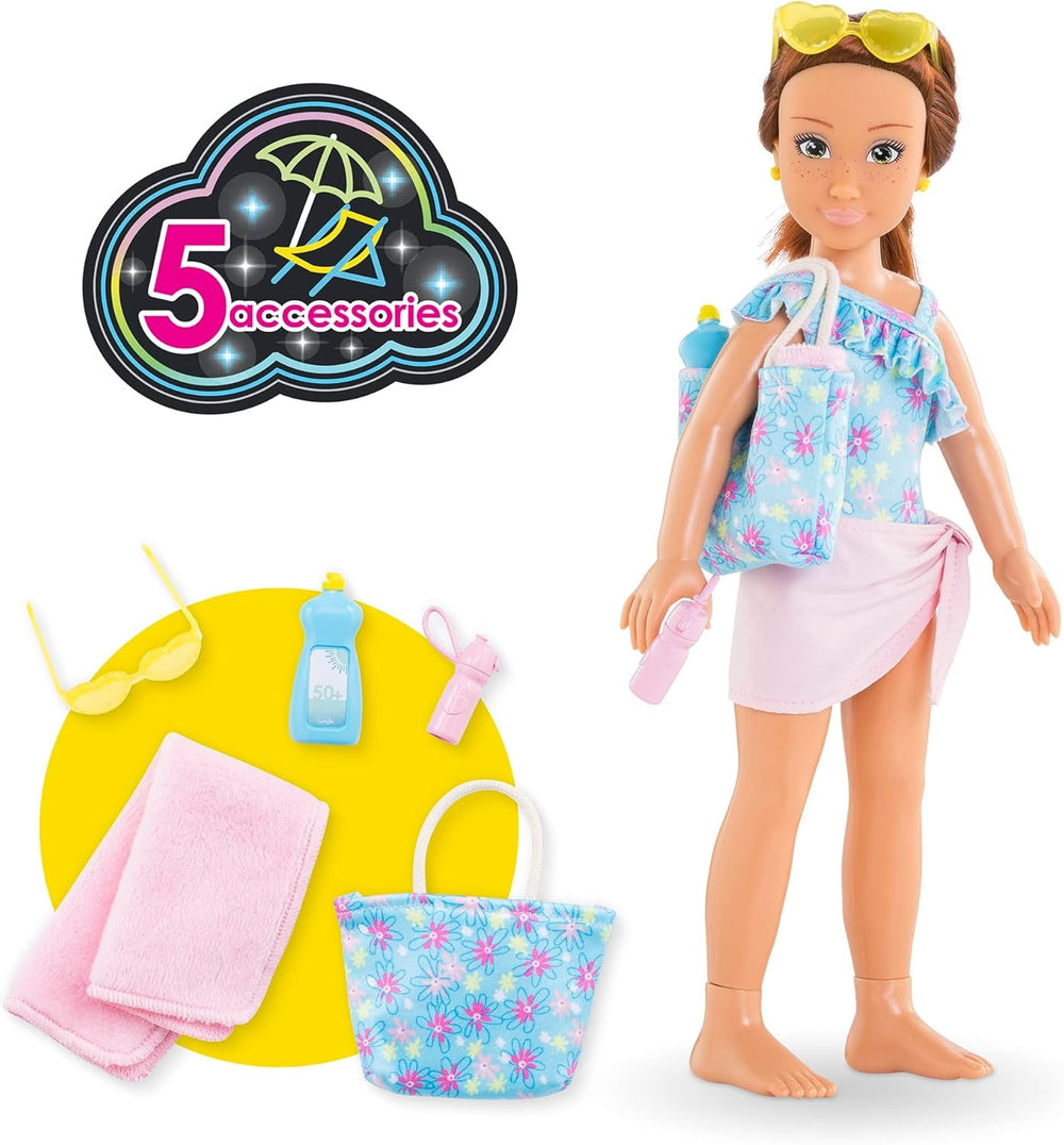 Corolle Girls Zoe Beach Set, Ankleidepuppe im süßen Beach Outfit und 5 Teile, Vanilleduft, 28cm, ab 4 Jahre