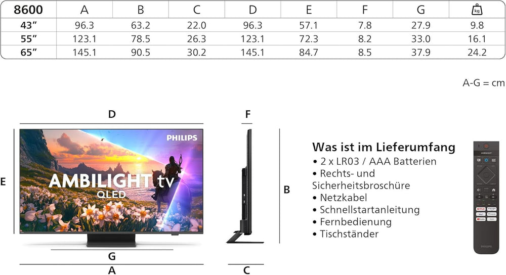 Televizor inteligent Philips Ambilight 43PUS8600 4K QLED - ecran de 43 de inci cu P5 Perfect Picture Engine Ultra HD, sistem de operare Titan, Dolby Vision și sunet Dolby Atmos