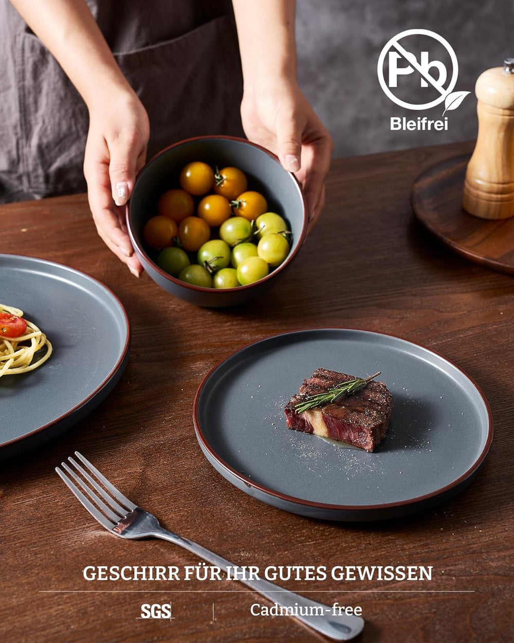 Service de table Mercury, service de table 12 pièces, service de table en grès pour 4 personnes avec assiettes plates, assiettes à dessert, bols à céréales, passe au micro-ondes et au lave-vaisselle, gris anthracite