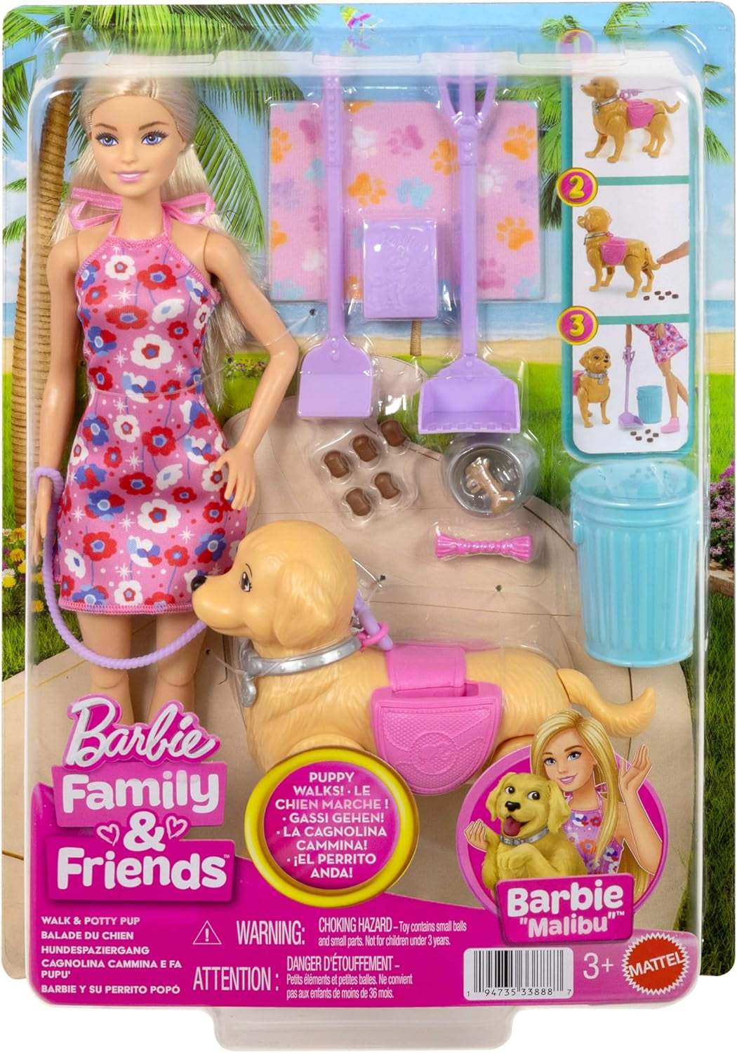 Barbie Hundespaziergang Spielset, enhtät einen Spielzeughund der gehen und Häufchen Machen kann, a Barbie Malibu-Puppe sowie EIN Kehrset and Hundezubehör, JJB46