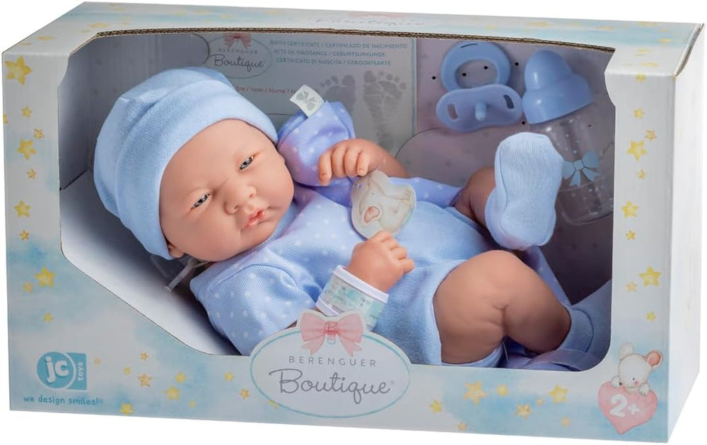 jc toys 102-18540 – Kinderpuppe, Körper aus Gummi, Blaue Kleidung mit Punkten, 36 cm