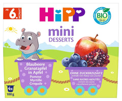 HiPP Mini Dessert Bio aux Myrtilles et Grenades au Goût Pomme (paquet de 6 x 4 x 100g), à partir de 6 mois, dans des gobelets pratiques, sans sucre ajouté, meilleure qualité biologique
