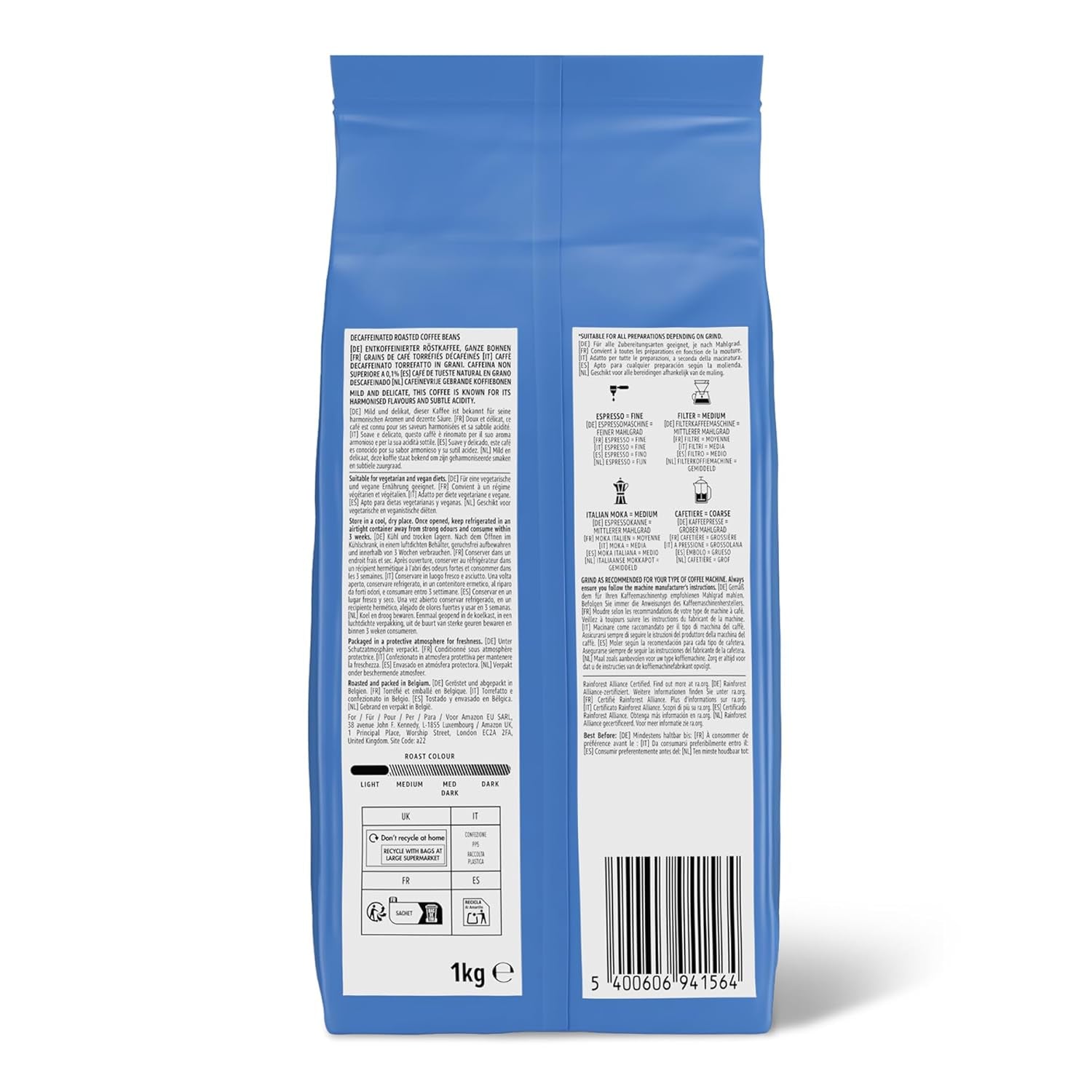 par Amazon Kaffeebohnen, entkoffeiniert, Lichte Röstung, 2 kg (2 Packungen mit 1 kg), Rainforest Alliance certifié