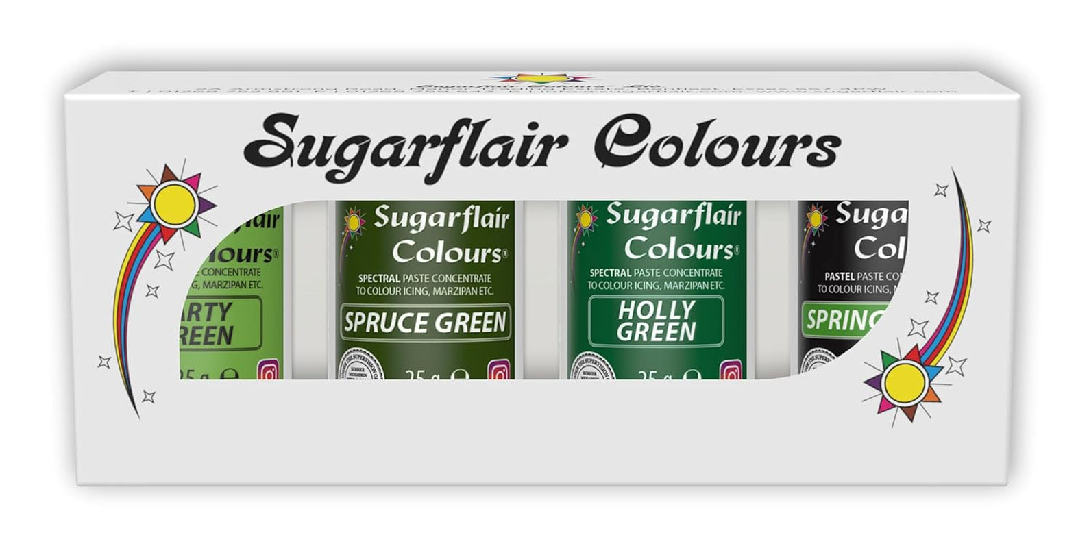 Sugarflair Pasta Colorant Alimentaire, Vert, Lot de 4, Colorant Alimentaire pour Pâtes, Fondant, Massepain, Pâte à Sucre, Crème au Beurre et Plus encore : Vert Ilex, Vert Printemps, Vert Épicéa, Vert Fête - Lot de 4