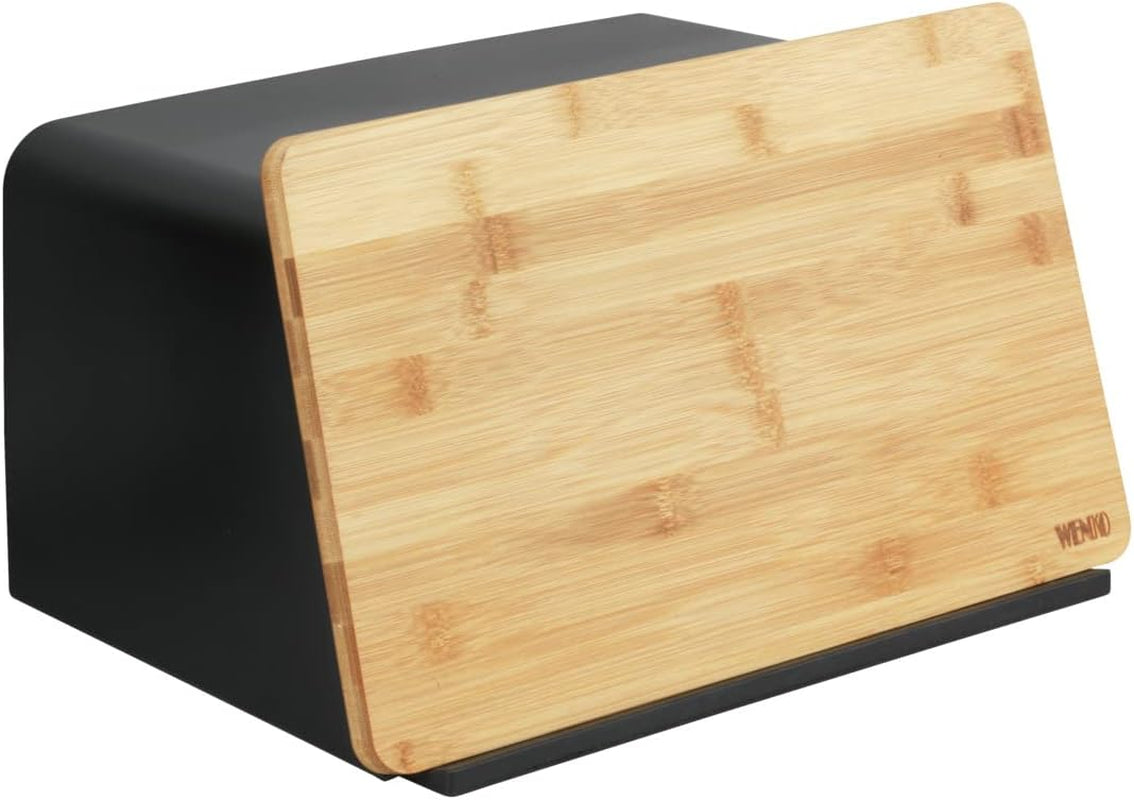 WENKO Kubo Corbeille à Pain avec Planche en Bambou, Rangement à Pain Polyvalent avec Couvercle et Planche à Découper en Bambou Intégrée, Boîte de Conservation des Aliments, Rangement du Pain Durable, 35 x 20,5 x 26 cm, Noir/Naturel Naty Shop Boîtes de Conservation des Aliments Noir/Marron