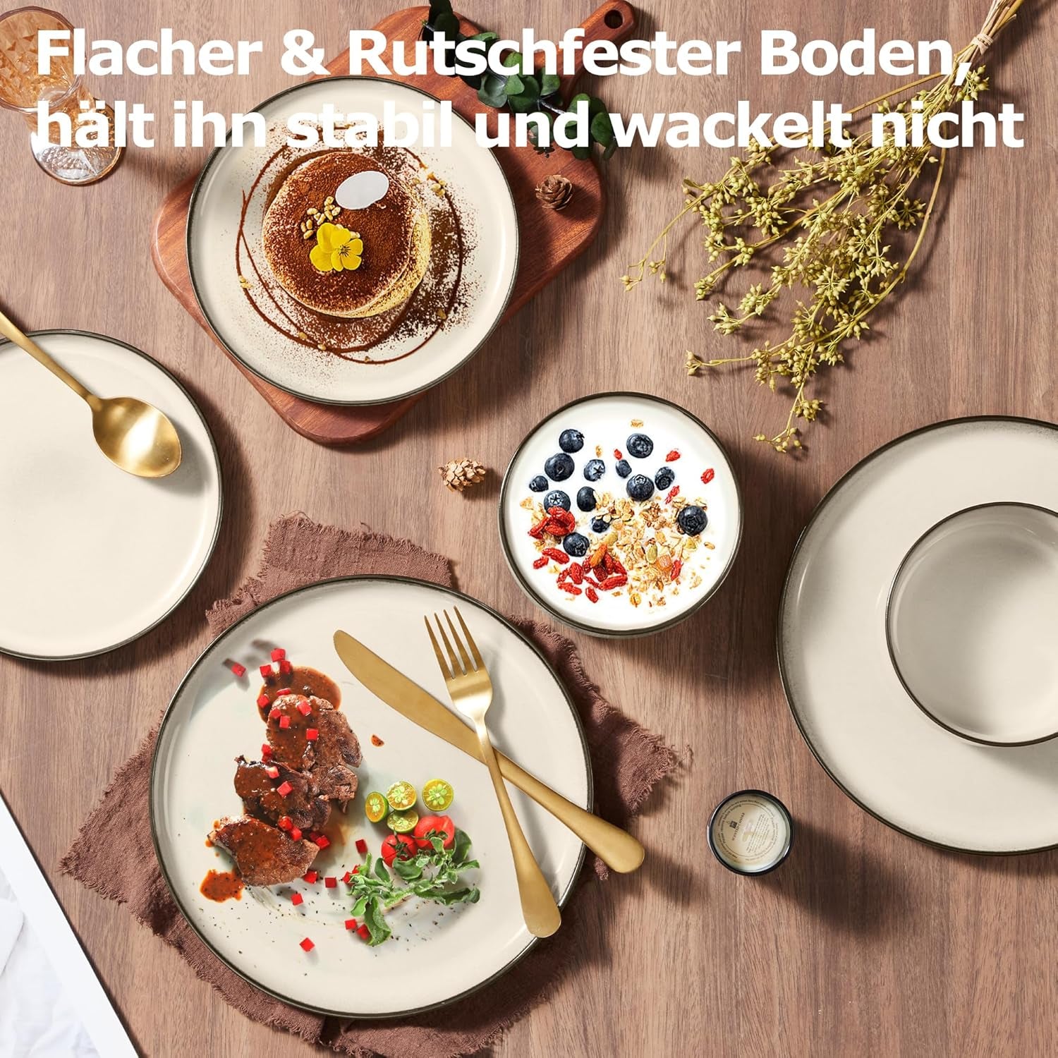 Service de table pour 6 personnes, 18 pièces en grès, service combiné, 6 assiettes plates, 6 assiettes à dessert, 6 bols à céréales, résistant aux rayures et passe au micro-ondes – Kaki Karst