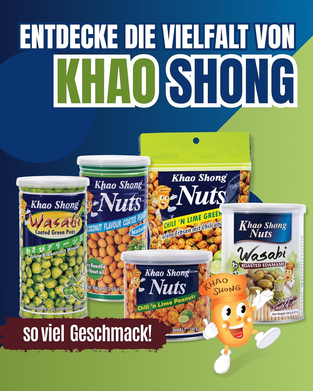 Khao Shong Pois verts frits au wasabi, pois croustillants dans une pâte épicée, une alternative faible en gras aux noix, moyennement épicé, 1 boîte de 140 g | 140 g (1 paquet)