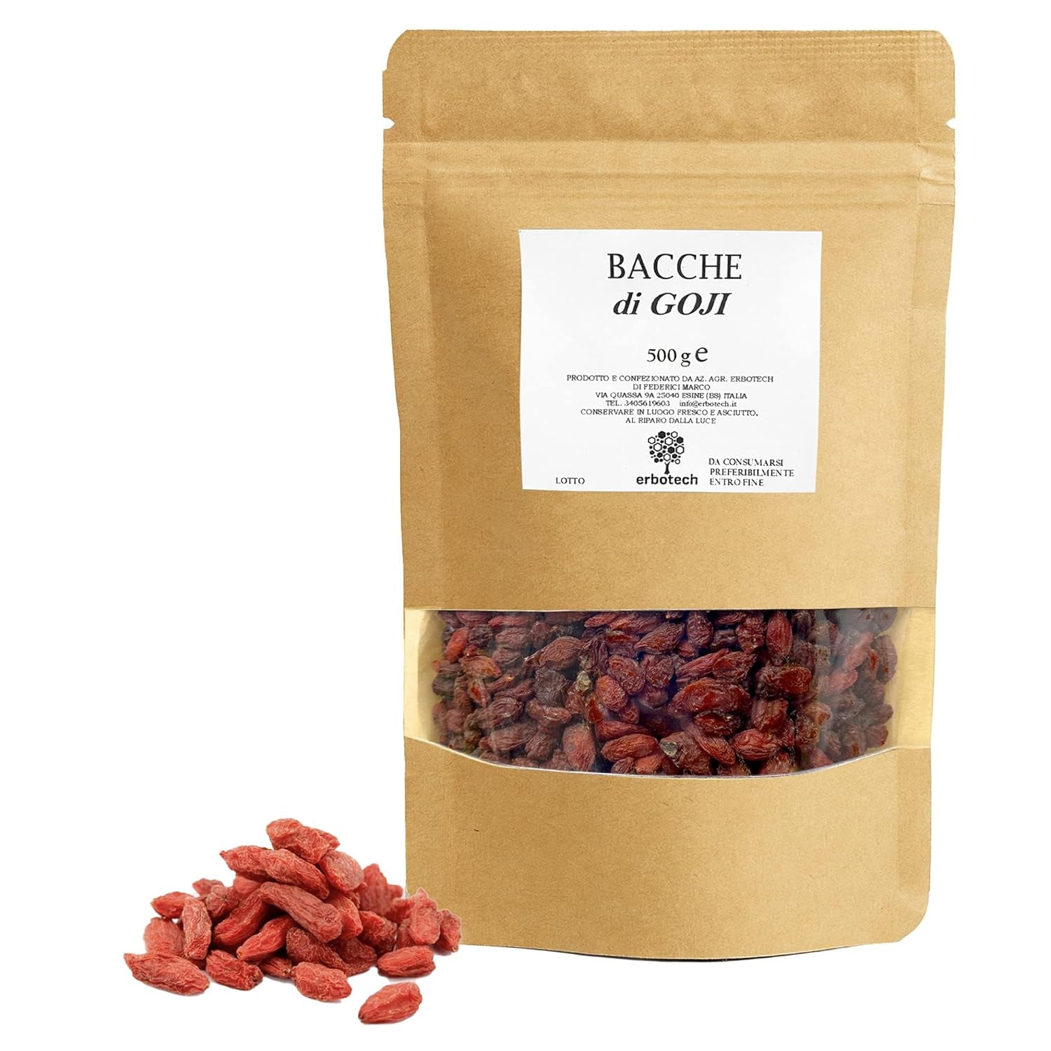 ERBOTECH Baies de Goji 200 g, baies de goji à haute teneur en vitamines, fruits secs sans sucre ni soufre, superaliments naturels et riches en énergie, Made in Italy Produits déshydratés Naty Shop 500 G