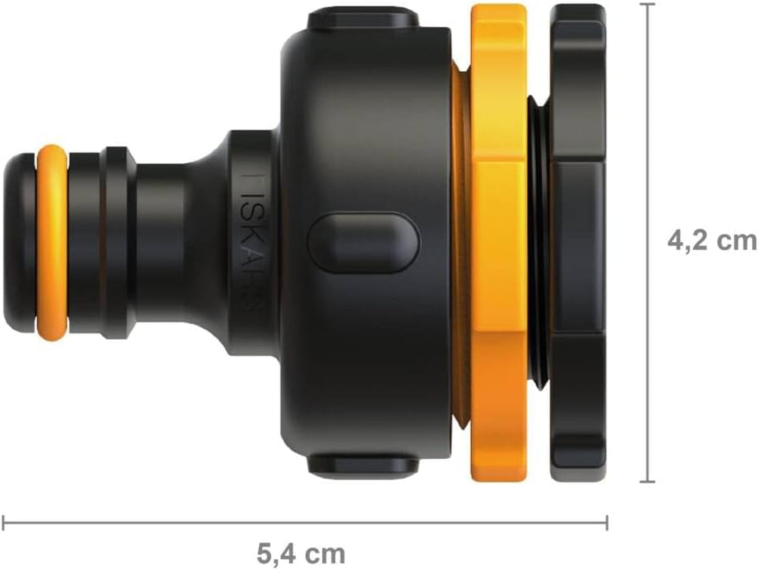 Conector multi-filet Fiskars, filet interior pentru diferite dimensiuni de robinet, pentru trei dimensiuni de filet Ø 21 mm (1/2"), Ø 26,5 mm (3/4") și Ø 33,3 mm (1"), 17 g, negru/portocaliu, 1027051