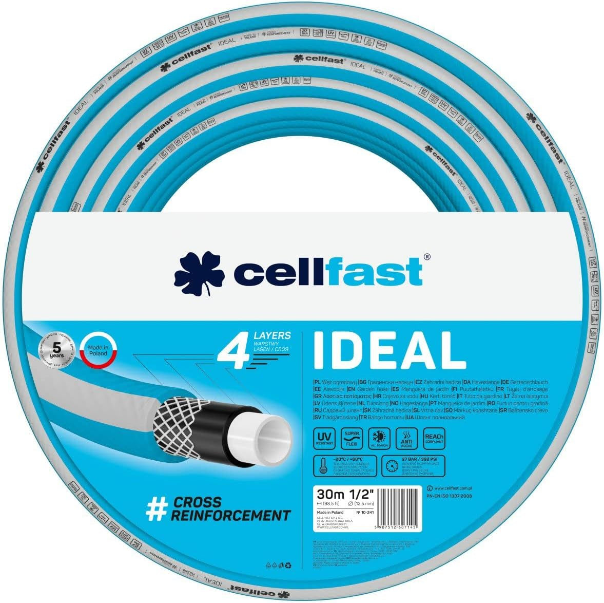 Furtun de grădină Cellfast IDEAL, Durabil, Flexibil, 4 straturi, Împletitură încrucișată durabilă, Rezistent la UV și alge, Tehnologie REACH, 27 bar, -20/+60° pe termen scurt 1/2", 30m