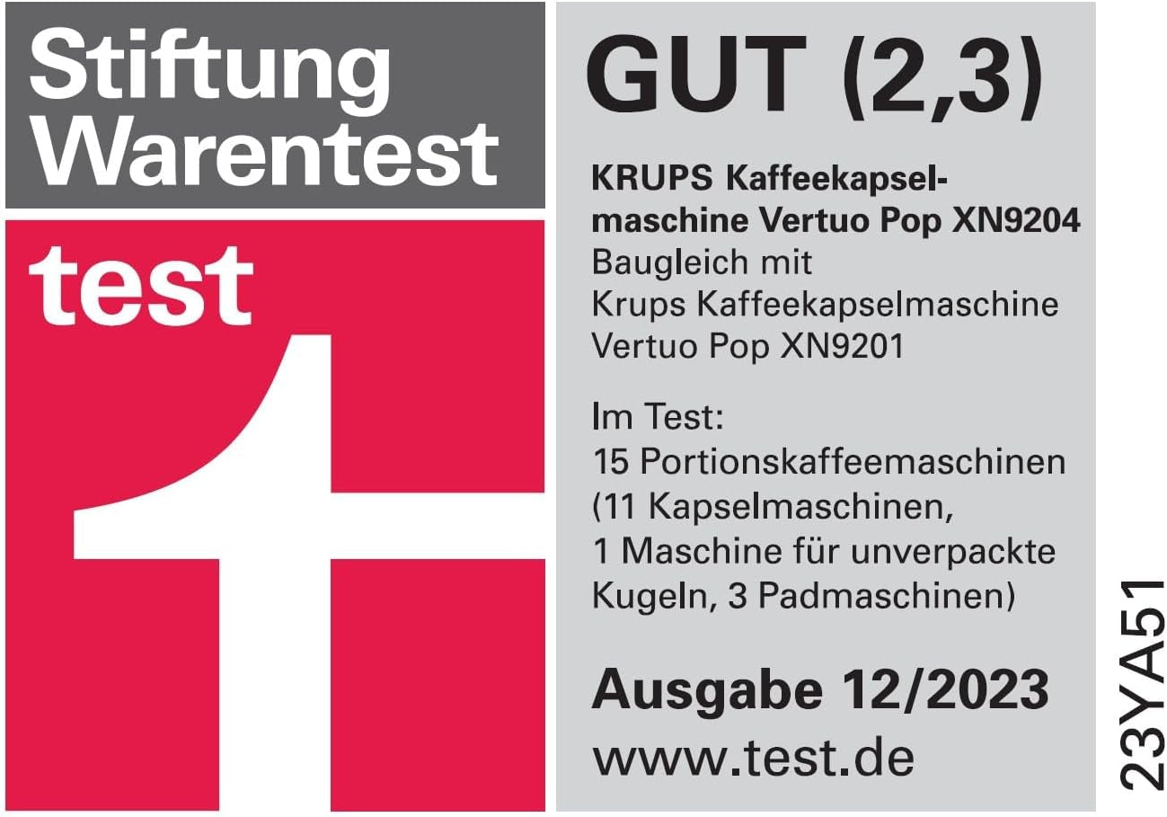 Machine à expresso avec capsules Nespresso Krups Vertuo Pop, capacité : 560 ml, reconnaissance automatique des capsules, système One Touch, 4 tailles de tasse, temps de chauffe raccourci, durable, Aqua Mint, XN9204