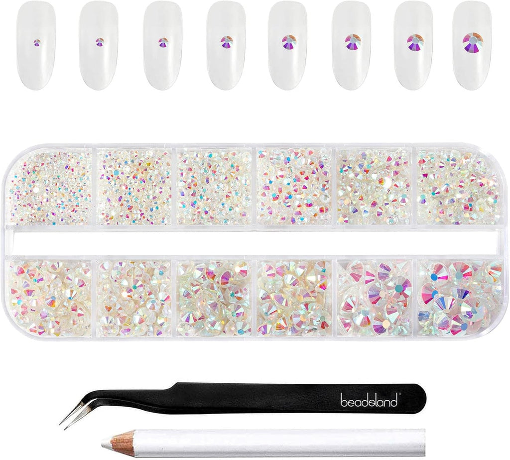 Beadsland 2500Pcs Glas Nailart Strasssteine Kristall Flatback Edelsteine Runde, ​​Für Handwerk Gemischt 8 Größen SS4 ~ SS30 Mit Picking Pinzette Und Stift (Kristall Weiss)