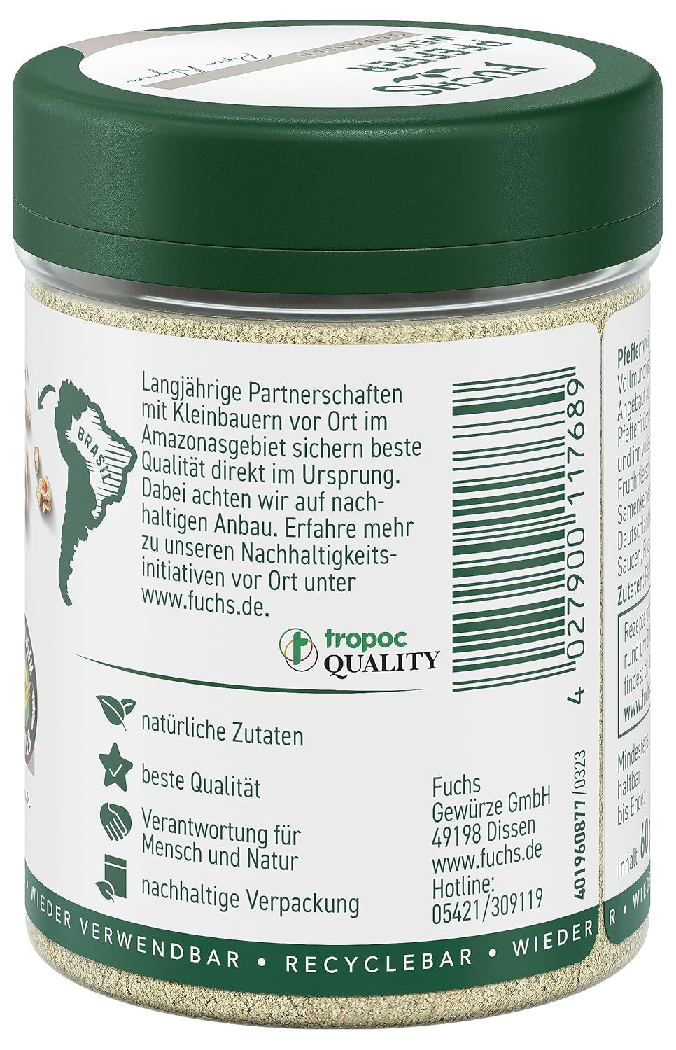 Fuchs Gewürze - Pfeffer weiß gemahlen - Pfeffer aus dem Amazonasgebiet, für helle Saucen, Fisch oder Suppen - Ingrédients naturels - 60 g en dose variable, recyclable