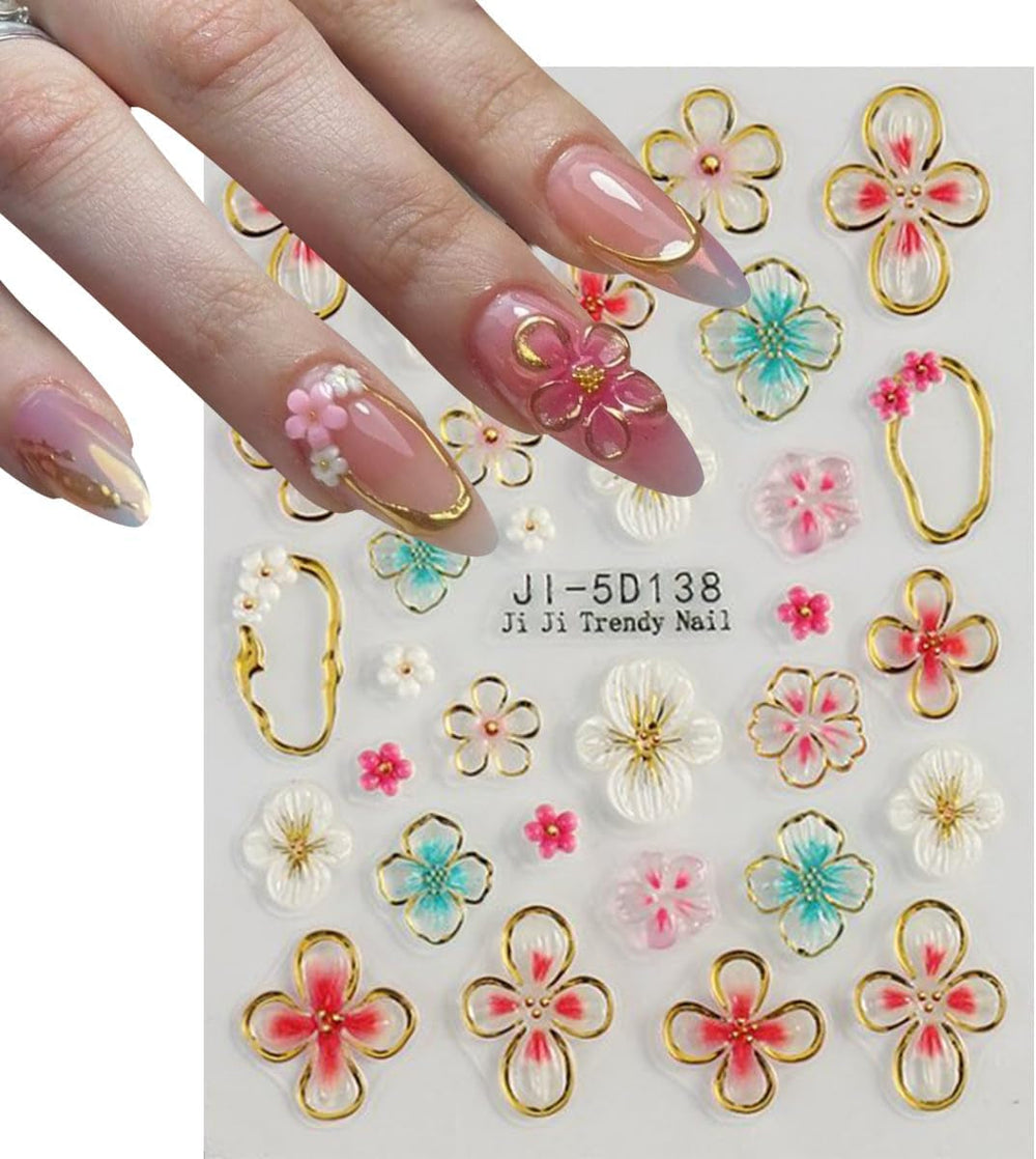 JMEOWIO Autocollants de manucure 3D en forme de fleur colorée pour nail art