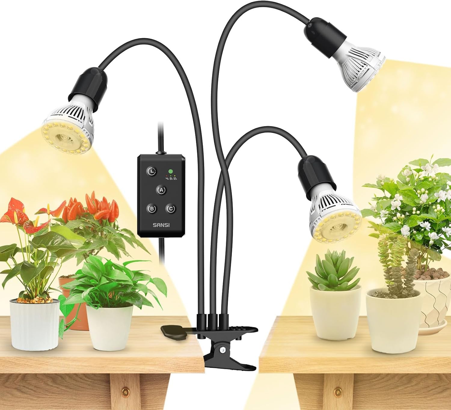 SANSI Lampe de culture LED pour plantes d'intérieur, 2 têtes, spectre complet, 10 W (équivalent 150 W), minuterie de 4/8/12 heures, lampe hydroponique suspendue pour serre de plantes d'intérieur