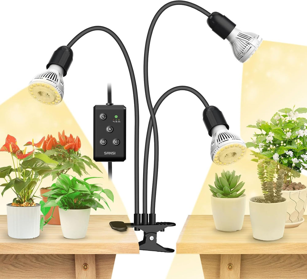 SANSI Lampe de culture LED pour plantes d'intérieur, 2 têtes, spectre complet, 10 W (équivalent 150 W), minuterie de 4/8/12 heures, lampe hydroponique suspendue pour serre de plantes d'intérieur