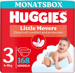 Couches pour bébé Huggies Little Movers, motif Disney, taille 3, 168 unités (3 x 56), boîte mensuelle