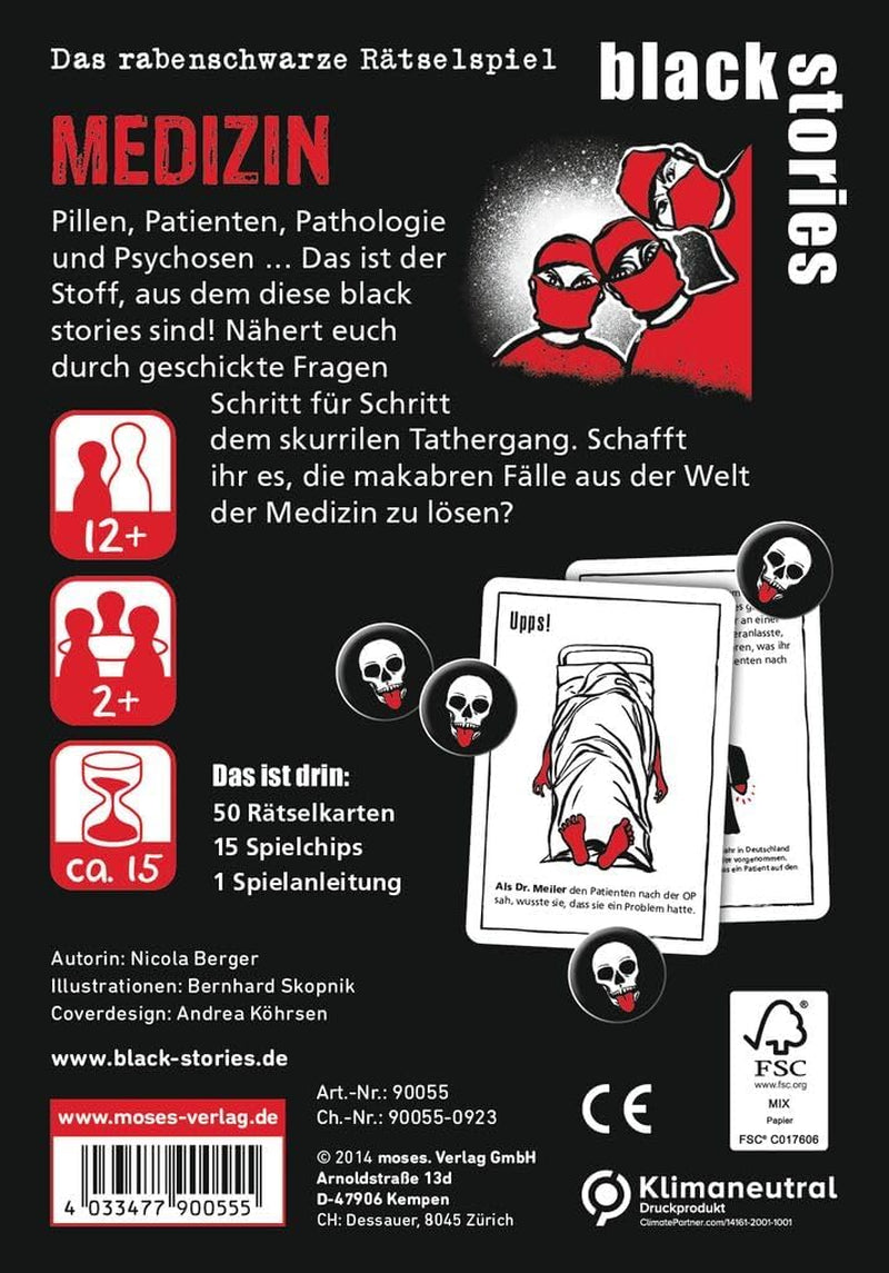 Moïse. Black Stories Medicine - 50 puzzles avec des cas du monde de la médecine, un jeu de cartes criminelles avec des variantes de jeu et des jetons de score, un jeu de réflexion pour adolescents et adultes.