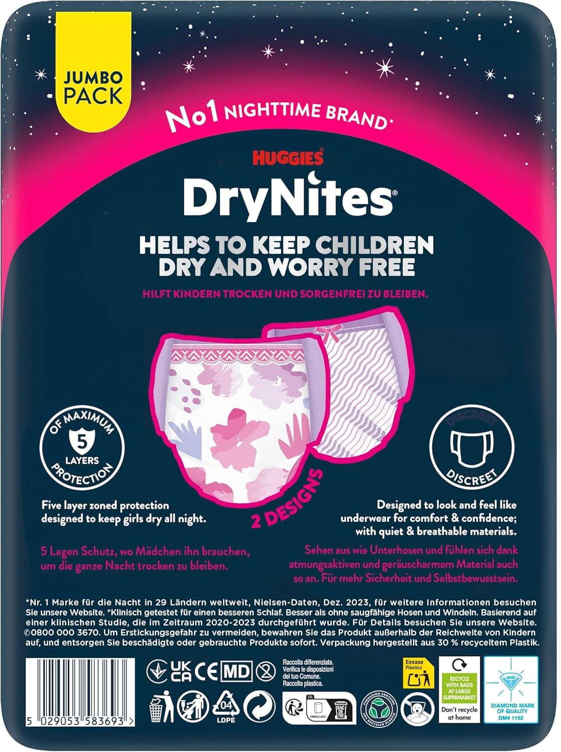 Huggies Drynites Nachtwindeln Bei Bettnässen, Für Mädchen Ab 13 Bis Ca. 17 ans (48-60 KG), 33 pièces (3X11), Jumbo-Monatspack, Diaper-Pants XL Accessoires Alimentation et allaitement Baby Naty Shop