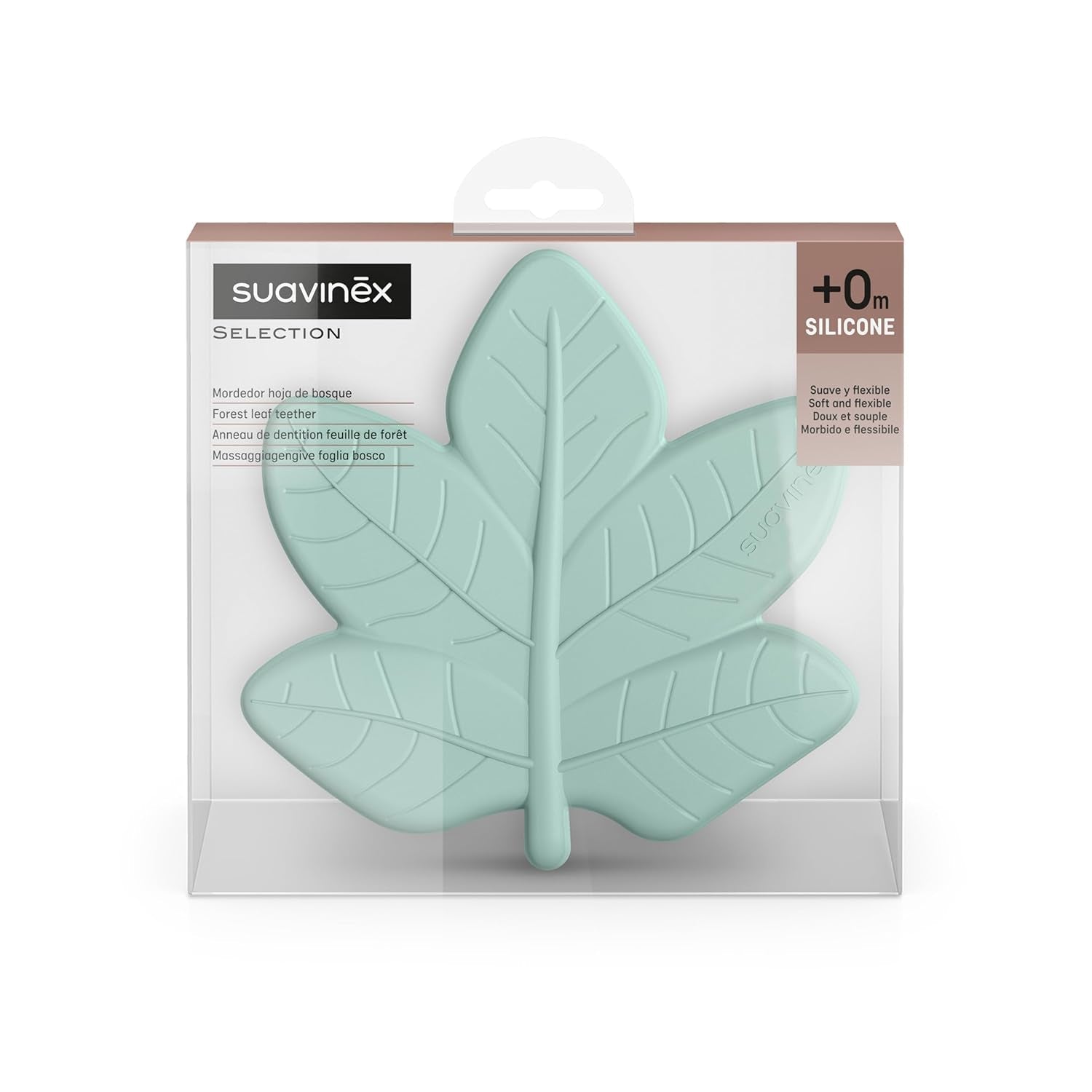 Suavinex, anneau de dentition monobloc en silicone. Doux, flexible, sûr. Apaise et apaise les gencives de bébé. Ergonomique, facile à saisir, texturé/relief. Design avec forêt, Poésie, Vert