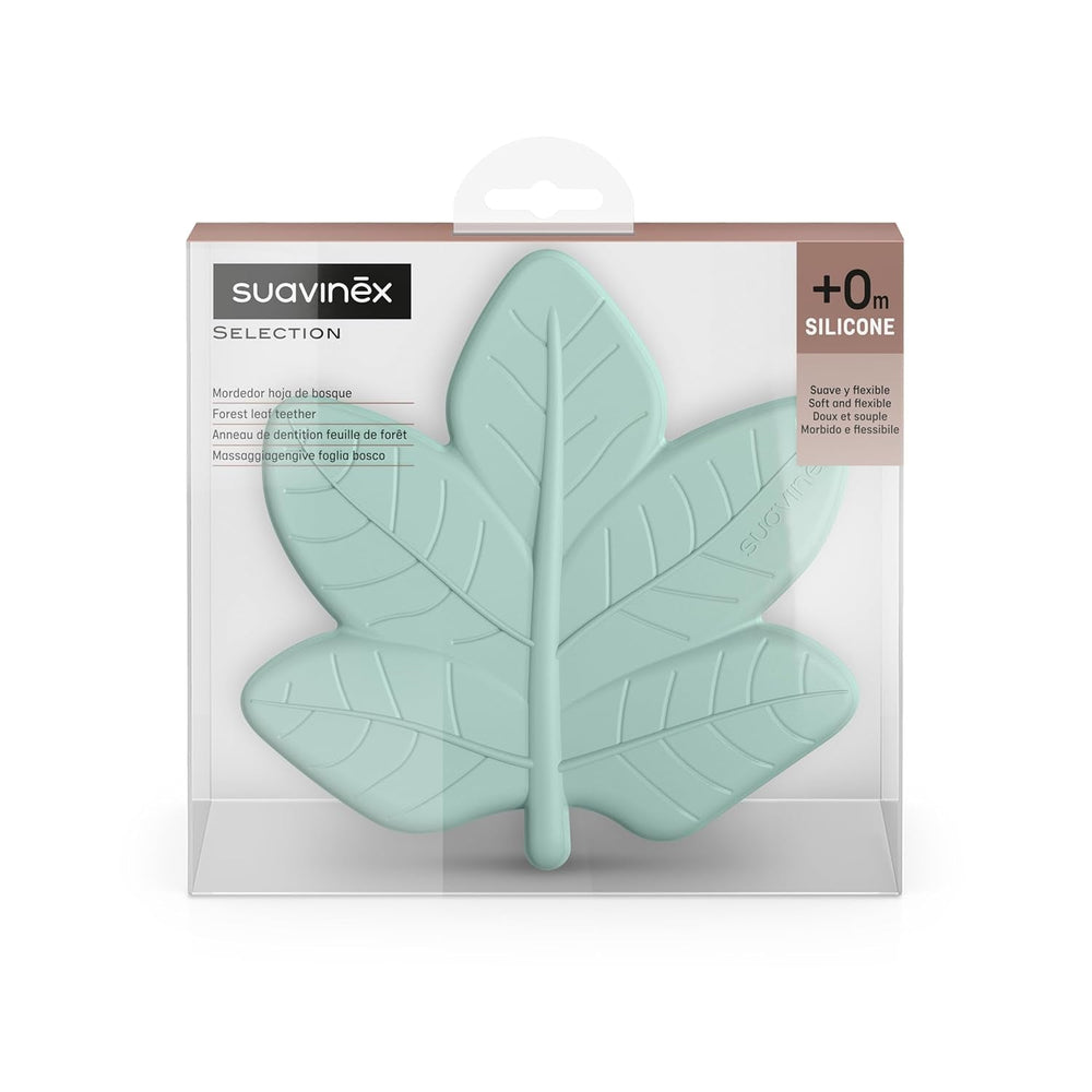 Suavinex, anneau de dentition monobloc en silicone. Doux, flexible, sûr. Apaise et apaise les gencives de bébé. Ergonomique, facile à saisir, texturé/relief. Design avec forêt, Poésie, Vert