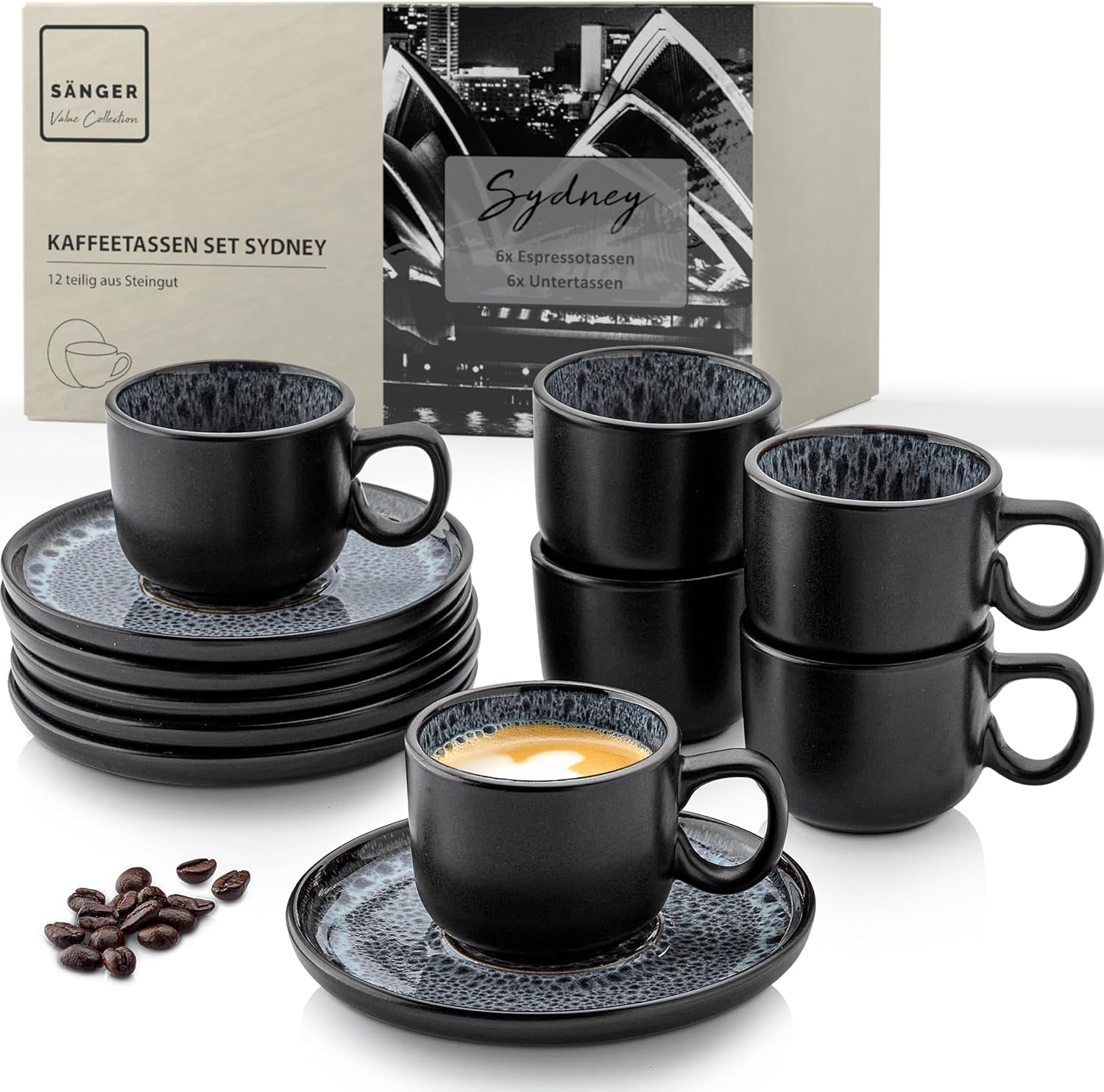 SANGER Sydney | Ensemble de 12 tasses à expresso en céramique, ensemble de tasses à moka pour 6, tasses et soucoupes, passe au lave-vaisselle et au micro-ondes, gris foncé, 80 ml | LA COLLECTION VALEUR