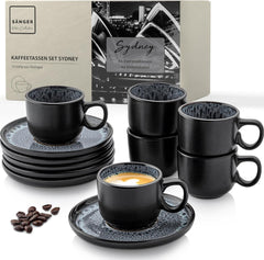 SANGER Sydney | Ensemble de 12 tasses à expresso en céramique, ensemble de tasses à moka pour 6, tasses et soucoupes, passe au lave-vaisselle et au micro-ondes, gris foncé, 80 ml | LA COLLECTION VALEUR