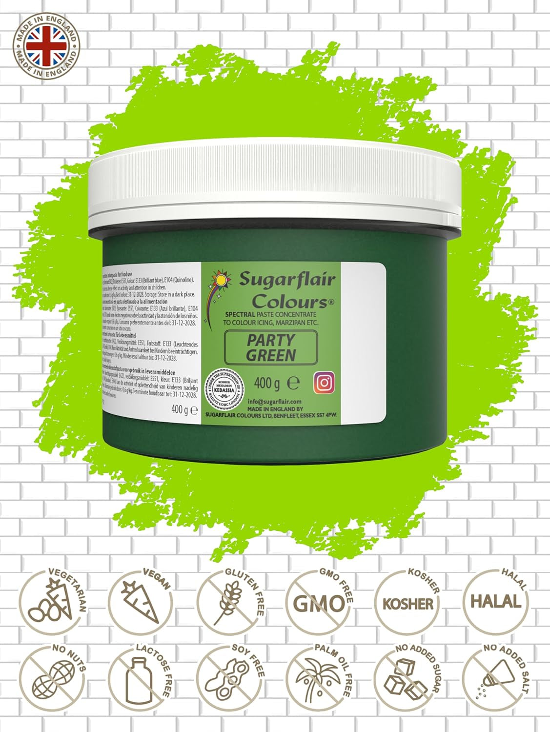 Colorant alimentaire pour pâtes Sugarflair Partygreen, colorant alimentaire pour fondant et massepain, pâtes concentrées spectrales - 400 g