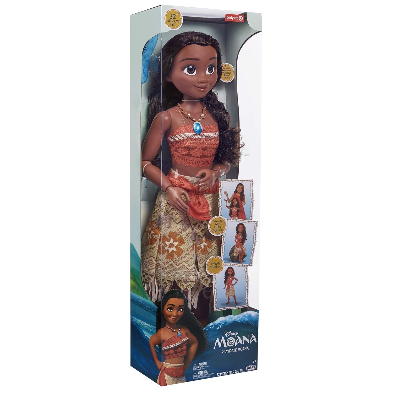 Disney Princess Moana 80 cm Poupée de jeu par Jakks Pacific Poupée mobile avec brosse pour peigner ses boucles ondulées Robe inspirée du film Collier pendentif détachable Poupées Naty Shop