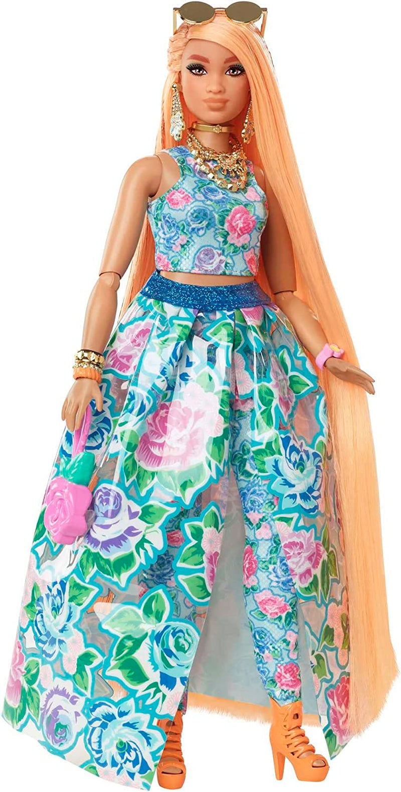 Barbie Extra Fancy, kurvige Langen erdbeerblonden Hair, zweiteiliges Outfit, Blaue Katze, rosa Handtasche, Ananas-Sonnenbrille, inkl Puppe, as Geschenk geeignet,HHN14