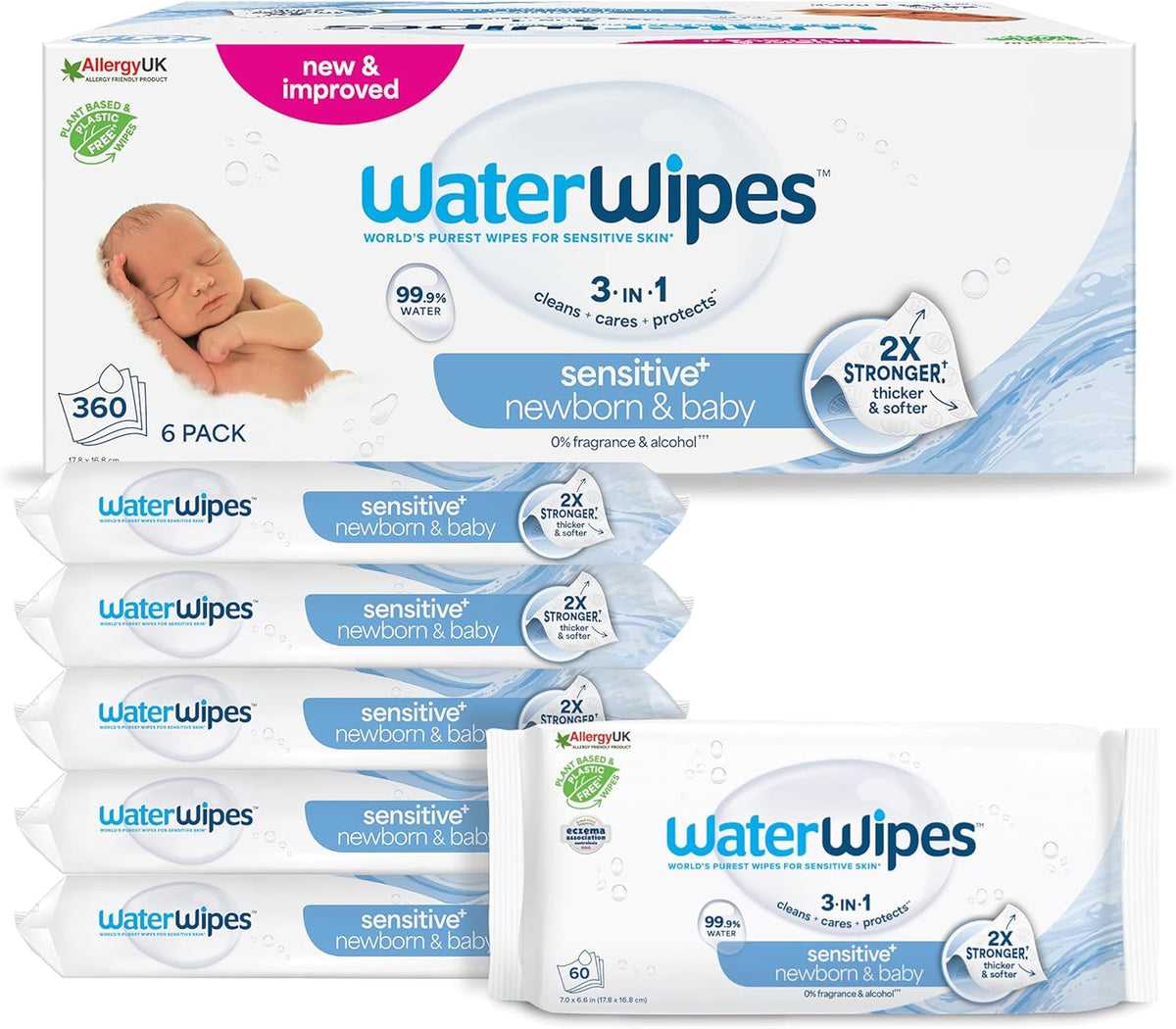 Șervețele umede WaterWipes Sensitive+ pentru nou-născuți și bebeluși, 360 bucăți (6 pachete), curățare, îngrijire, protecție 3 în 1, 99,9% apă, fără parfum