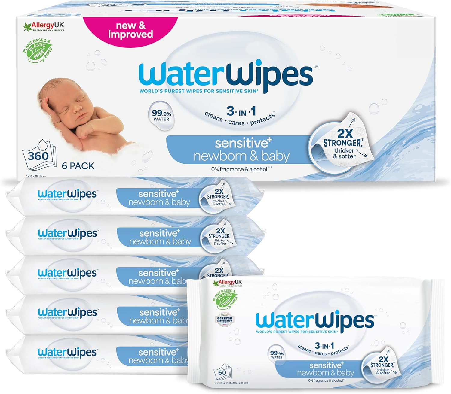 WaterWipes Sensitive+ Lingettes humides pour nouveau-nés et bébés, 240 unités (paquet de 4), nettoyage, entretien, protection 3 en 1, 99,9 % d'eau, sans parfum