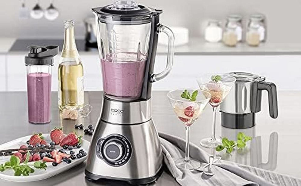 CASO B 1800 Powerblender-Set - Batteur sur socle, 28 000 U/Min, Glasbehälter 1,75 L, Inkl. Trinkflasche Und Zerkleiner, Mixer Testsieger Mit Sehr Gut, Edelstahl Naty Shop