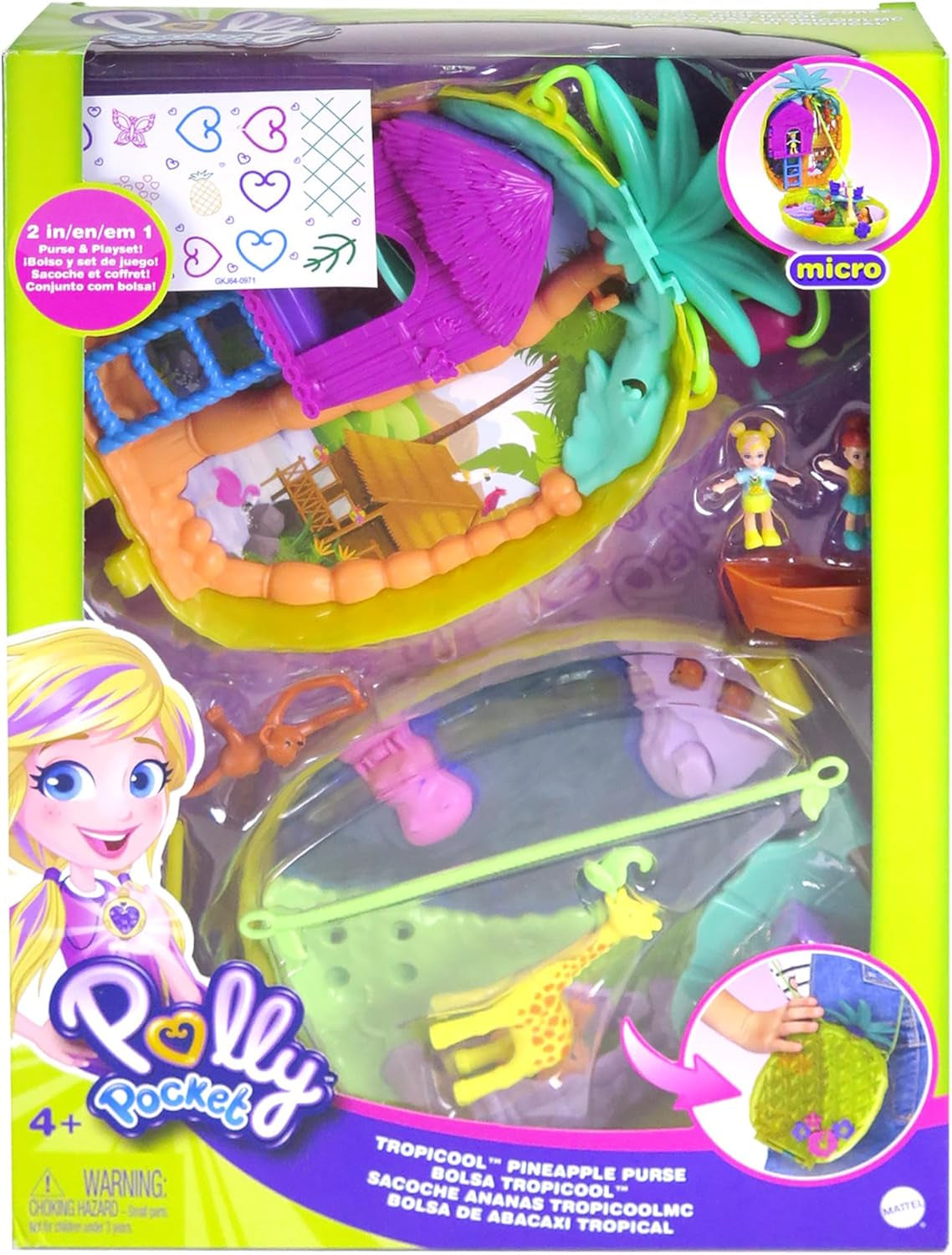 Polly Pocket GKJ64 - Pineapple Pocket Compact portable avec 8 fonctionnalités amusantes, des poupées Polly et Lila, 2 accessoires et une feuille d'autocollants ; jouet pour enfants à partir de 4 ans