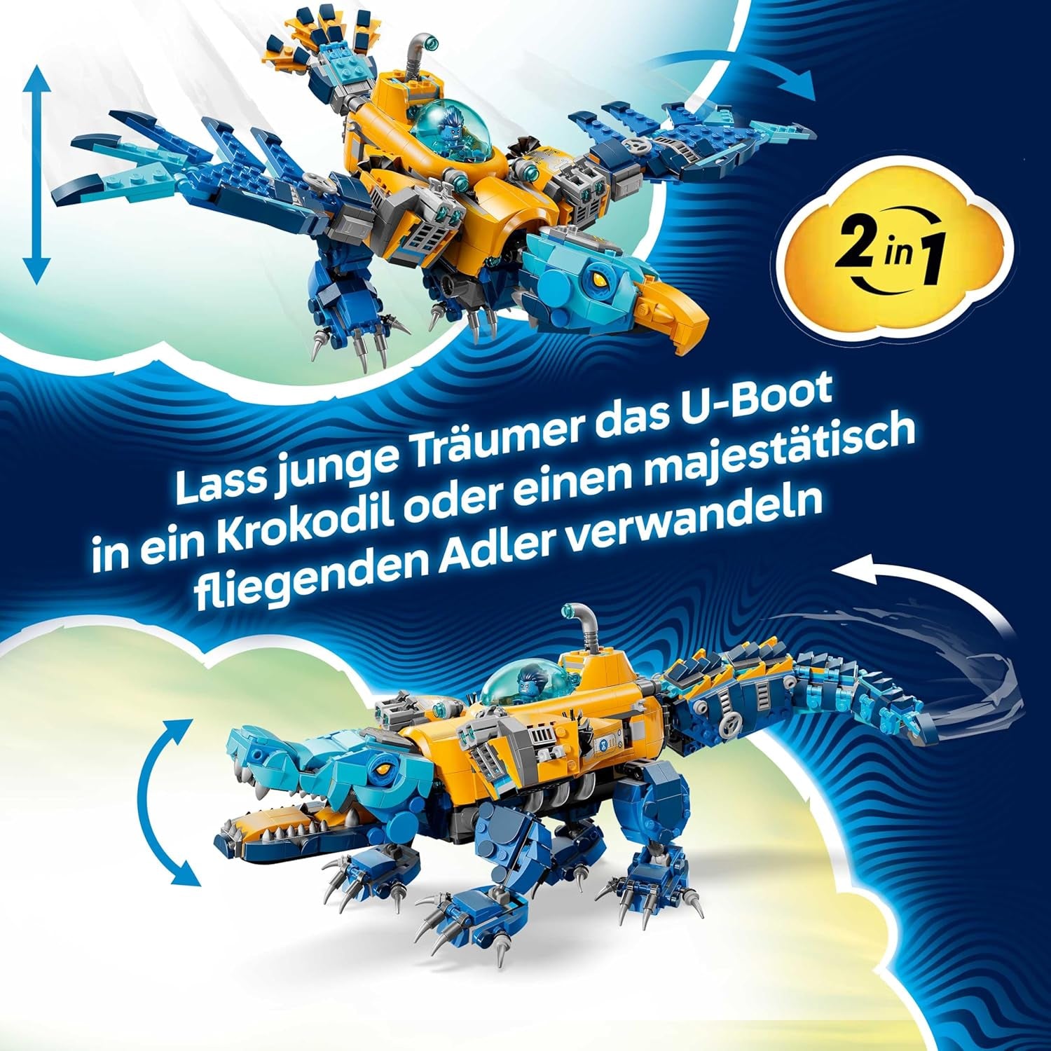 LEGO DREAMZzz 2in1 Krokodil-U-Boot - Spielzeug verwandelbar in Adler-U-Boot - incl. 3 Minifigures, 2 Spinnen und Einer sammelbaren blue Treasure-Kreatur - Geschenk für Jungen ab 8 Jahren - 71512