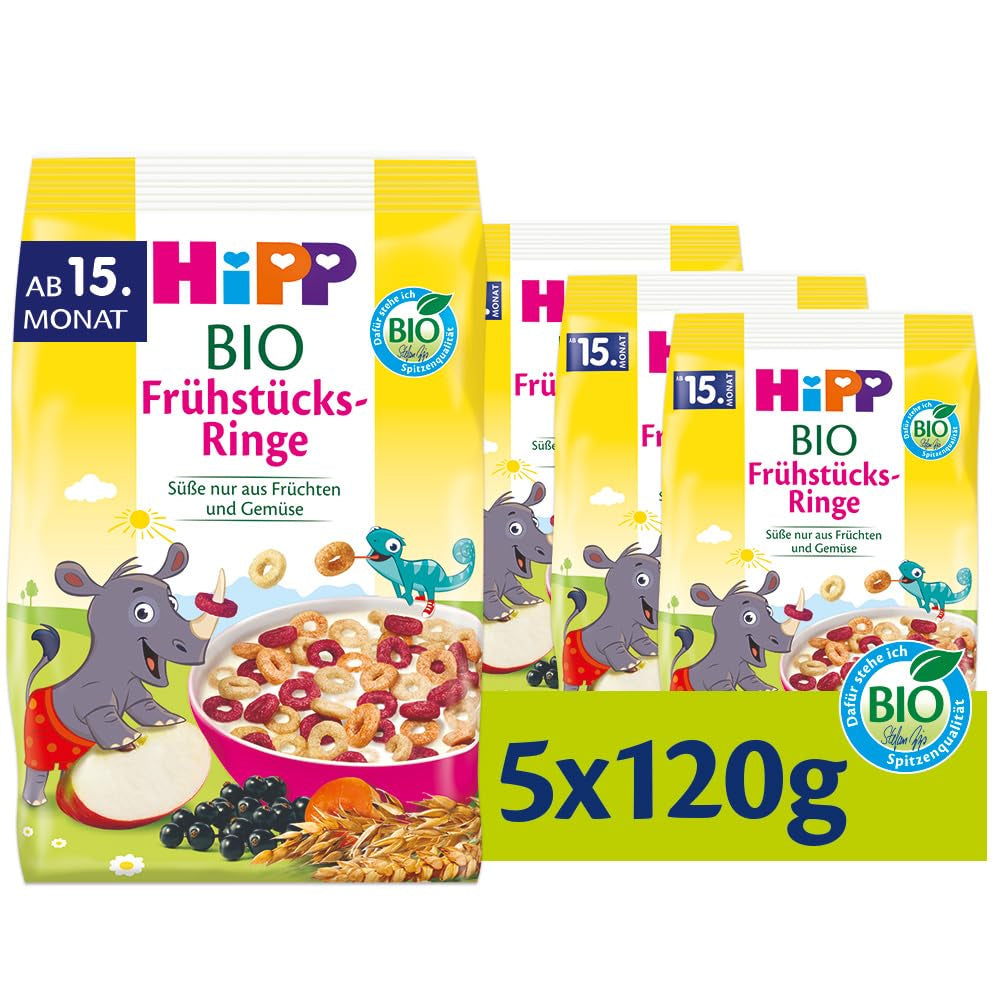 Anneaux de petit-déjeuner bio HiPP (5 x 120g), muesli pour enfants à partir de 15 mois, sucré uniquement aux fruits et légumes, de la meilleure qualité biologique