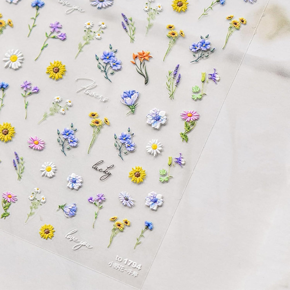 JMEOWIO 3D Nagelsticker Bunte Blumen Nail Art Sticker Selbstklebend Nagelaufkleber 5D Stereoskopisch Frühlings Sommer Blumen Dekoration Nageldesign Zubehör 2 Blatt