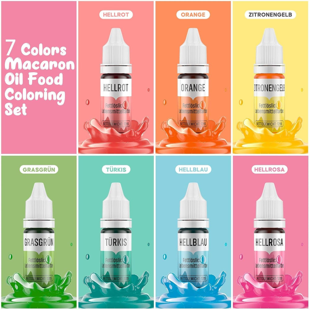 Colorant alimentaire liposoluble 7 couleurs Macaron x 12 ml, colorant alimentaire à base d'huile hautement concentré pour chocolat, colorant alimentaire pour décoration de gâteaux, muffins, pâtisserie, glaçage, fondant