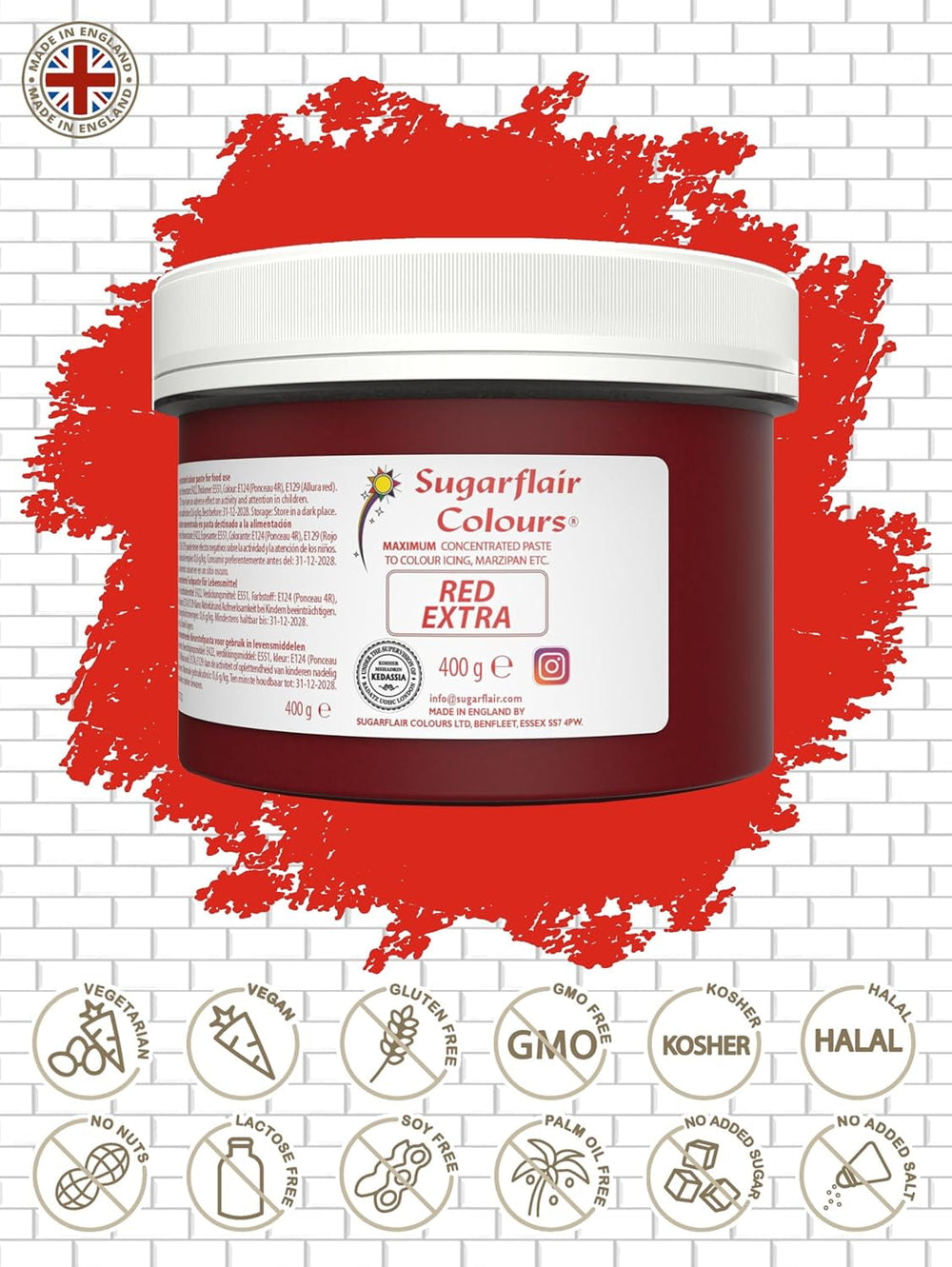 Colorant alimentaire Sugarflair Max Concentré Rouge, colorant alimentaire très concentré pour pâte d'amande et fondant, colorant en pâte Max Concentré - 400 g