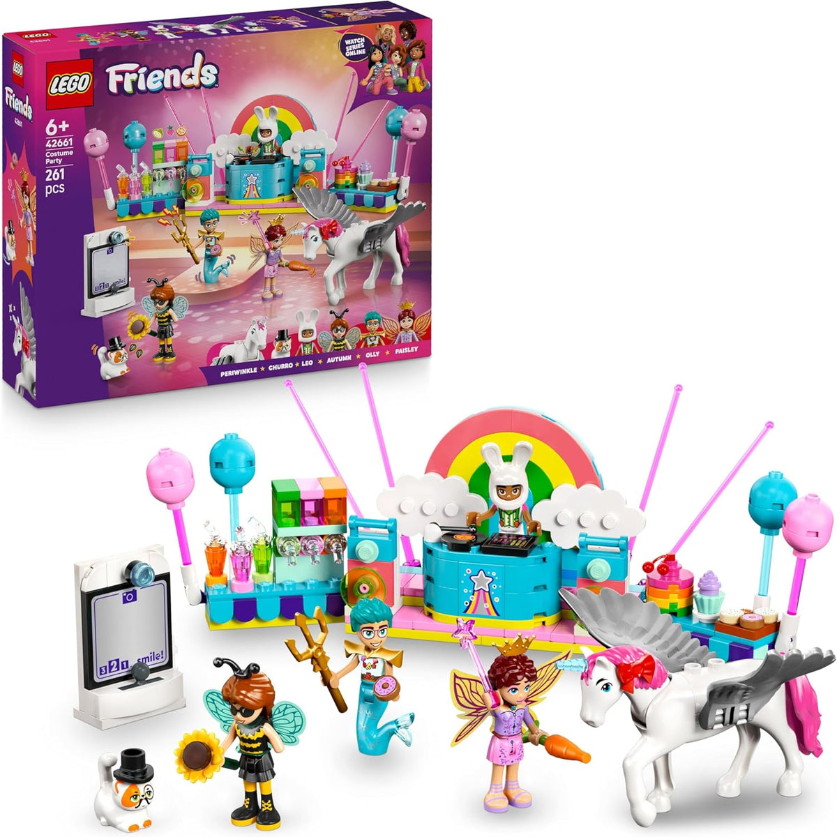 LEGO Friends Fête costumée avec un cornet et des frais - Un jeu pour les filles à partir de 6 ans - Une fille, un DJ-Pult, 4 mini-poupées, le Katze Churro et un Pferdefigur sowie lustigem Zubehör - Idée cadeau - 42661
