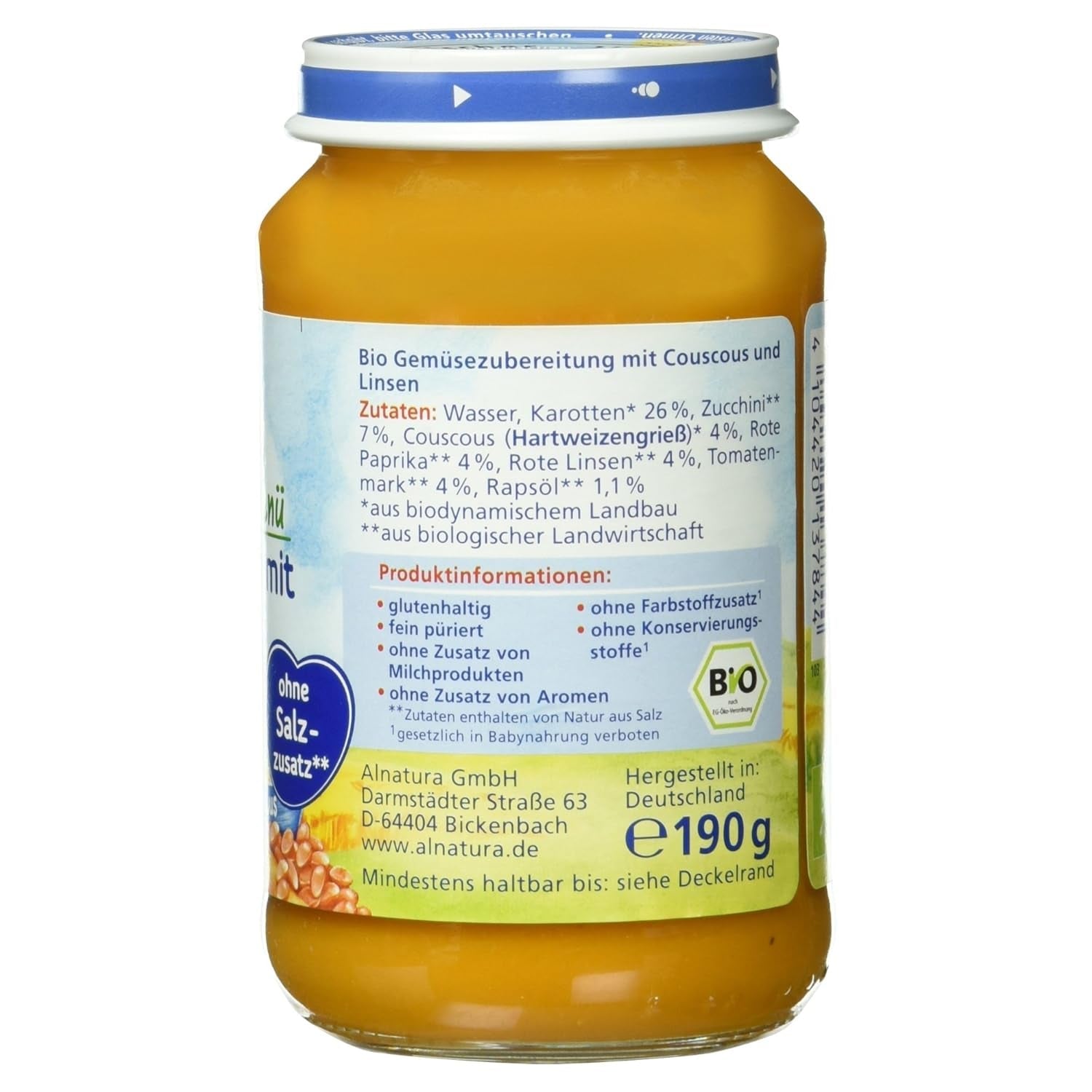Ragoût de lentilles bio au couscous (dès 6 mois), 190 g