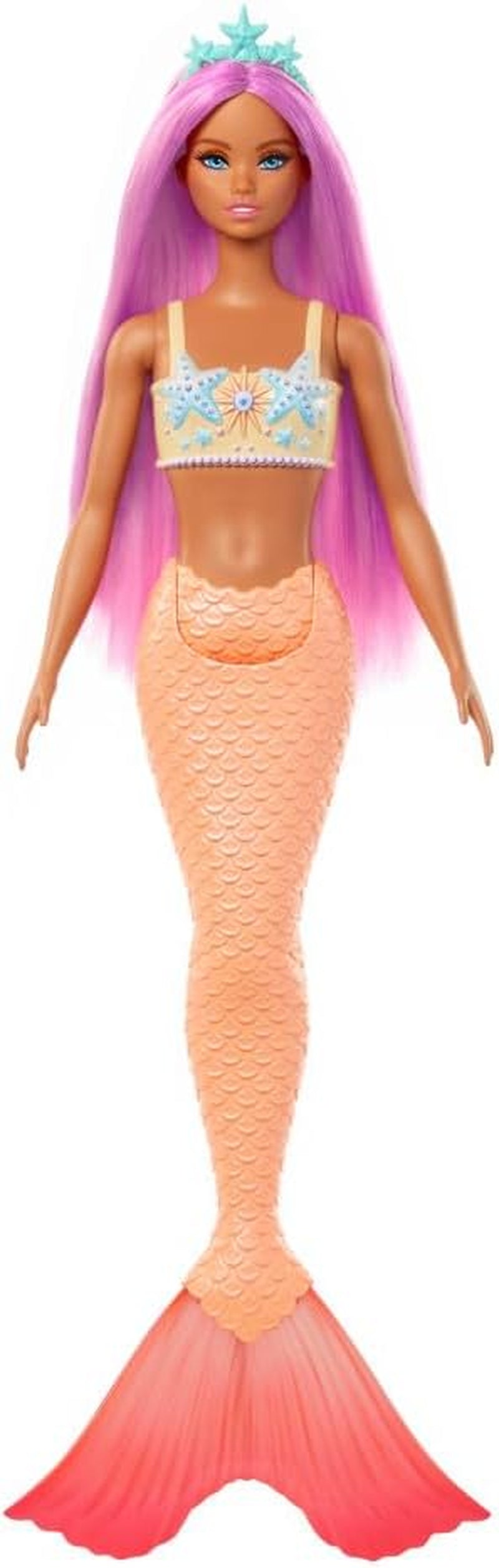 Poupée Barbie sirène avec cheveux et bandeau roses fantaisie, poupée tête d'étoile de mer et nageoire queue orange douce, HRR05